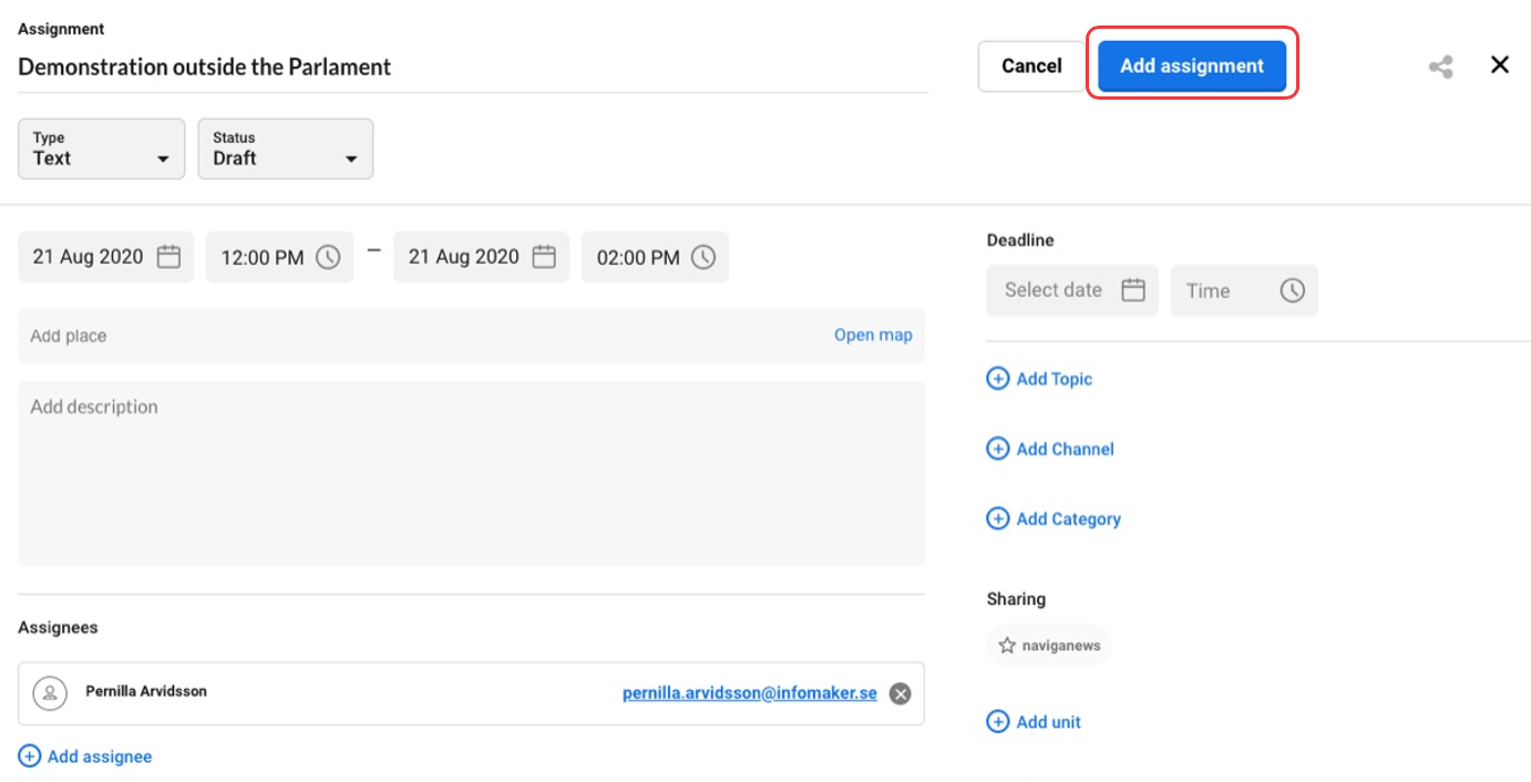 Click on Add assignment to save the card